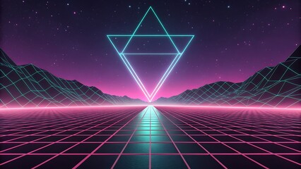 A retrofuturistic landscape with neon grid and geometric shapes, evoking a sense of nostalgia and technological advancement, set against a starry sky and mountain range