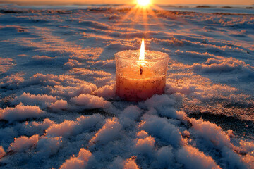 A single lit candle in the snow surrounded by faint golden light forming a cross shape,  representing peace, faith, and rebirth