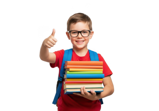 Young boy with glasses and backpack holding stack of colorful books giving thumbs up isolated on transparent background