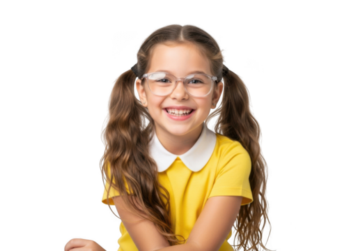 A joyful young girl with long wavy brown hair wearing glasses and a yellow collared shirt smiles brightly isolated on transparent background