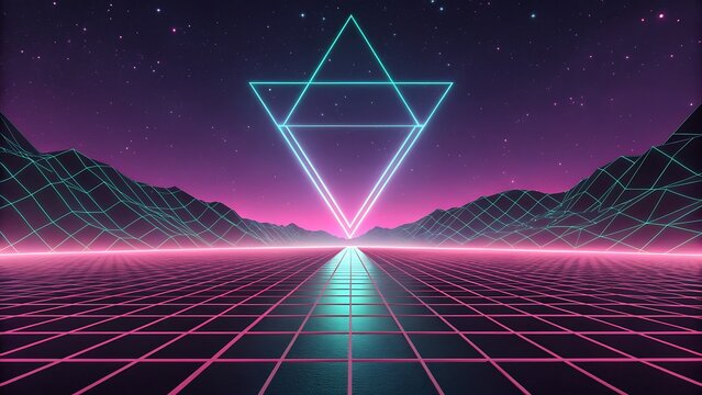 A retrofuturistic landscape with neon grid and geometric shapes, evoking a sense of nostalgia and technological advancement, set against a starry sky and mountain range