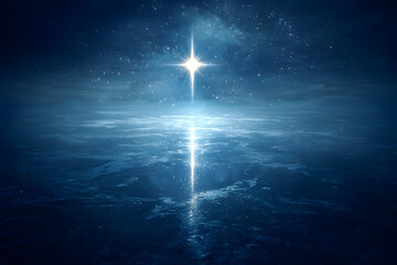 A nativity star reflected in a frozen pond at night, serene, celestial Christmas symbolism