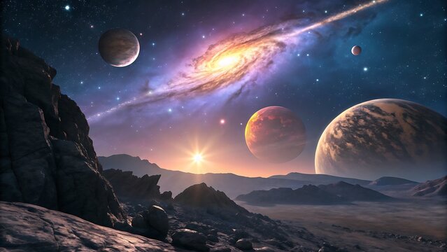 A stunning alien landscape with multiple planets and a vibrant galaxy in the background, showcasing the beauty and mystery of the universe