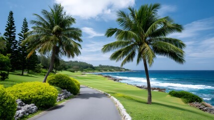 Obraz premium Tropical golf course path by the ocean with palm trees
