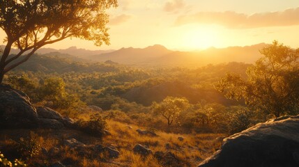 Golden sunset over a mountain valley