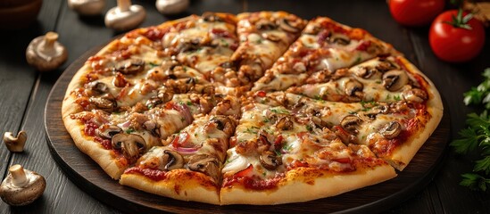Sliced Pizza with Mushrooms & Meat on Wooden Board