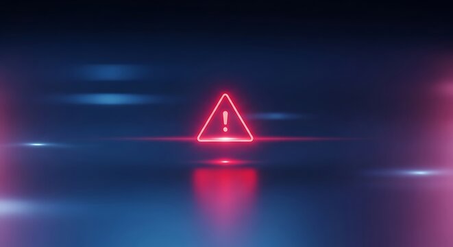 Abstract Digital Warning Sign with Glowing Red Exclamation Mark and Blue Background - Powered by Adobe