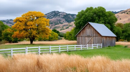 Old wooden barn in autumn countryside landscape