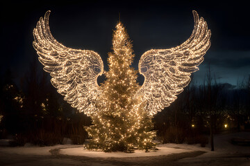 A Christmas tree whose lights form angelic wings glowing in the night, symbolizing divine love and joy