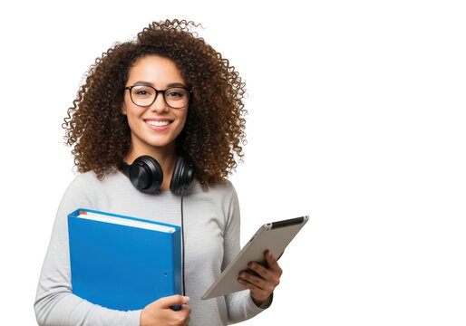 Young woman with curly hair wearing glasses and headphones holding a blue book and a clipboard isolated on transparent background - Powered by Adobe