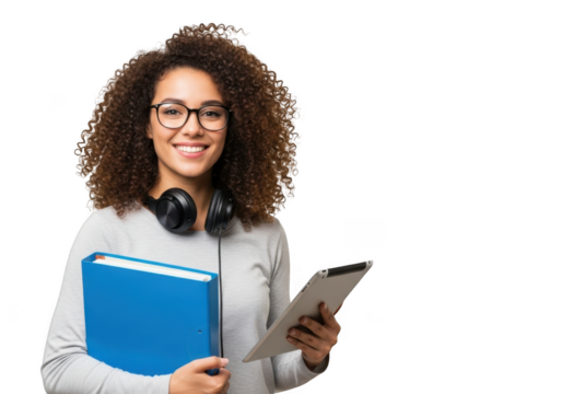 Young woman with curly hair wearing glasses and headphones holding a blue book and a clipboard isolated on transparent background