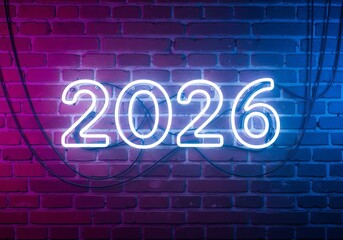 White neon sign 2026 glowing on a vibrant brick wall