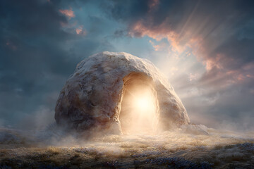 A glowing empty tomb at sunrise, symbol of rebirth and eternal life