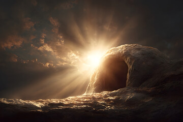 A glowing empty tomb at sunrise, symbol of rebirth and eternal life