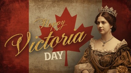 Happy victoria day celebration with queen victoria and canadian flag