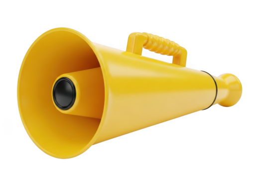 A bright yellow plastic megaphone with a black speaker and handle isolated on transparent background