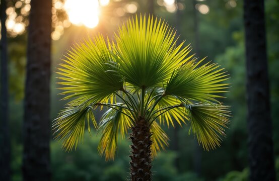 Green palm tree leaves backlit by golden sun. Tropical plant grows in park. Evergreen vegetation adds exotic feel to nature scene. Summer day light.