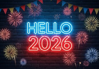 Hello 2026 glowing neon sign with colorful fireworks on wall