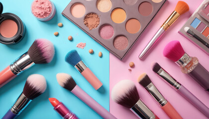 Colorful makeup brushes, palettes arranged on pastel blue, pink backdrop. Lipstick blush eyeshadow powders create playful beauty composition for creative look. Variety cosmetic tools, products for