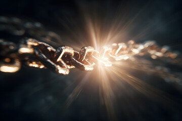 Abstract concept with broken chains glowing with light, symbolizing victory over death and spiritual freedom