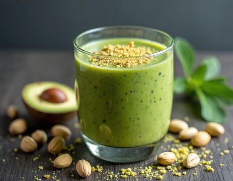 Green smoothie with avocado and pistachio nuts in glass. Healthy beverage with nuts scattered around and half avocado on dark table. Refreshing drink for breakfast.