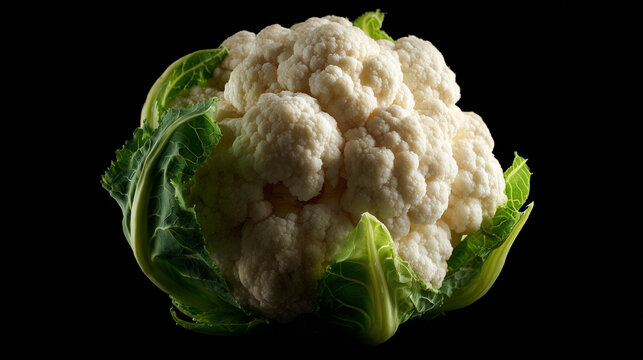 Cauliflower with green leaves on a black background showcasing fresh vegetables