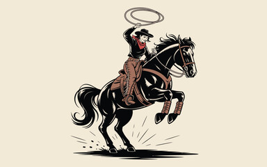 Fototapeta premium A cowboy on a rearing horse swings a lasso in a stylized illustration.