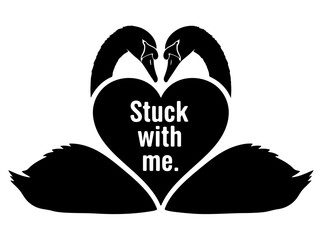 Stylized graphic illustration featuring two black swans forming a heart, symbolizing lasting love and devotion