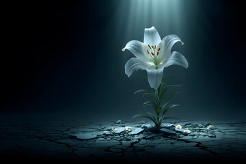 A single blooming white lily rising from cracked stone, purity and resurrection symbolism