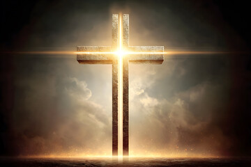 Light bursting from the horizon forming a subtle cross in the clouds, symbol of resurrection and new beginnings