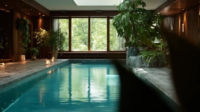 Serene indoor pool with abundant greenery and natural light filtering through large windows