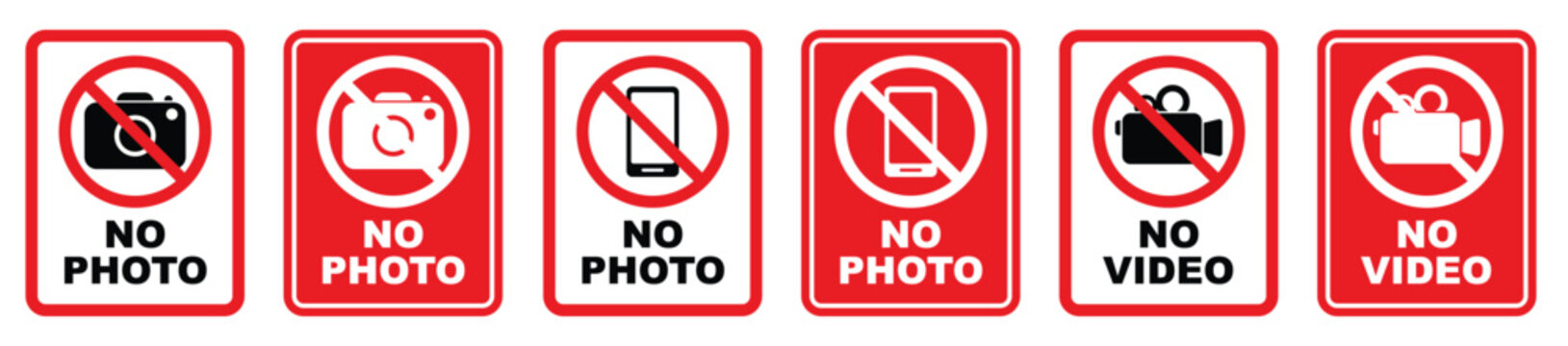 Collection of six red and white prohibition signs for no photo and no video