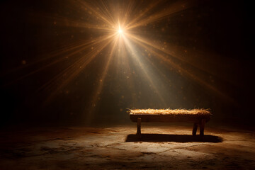 An empty manger bathed in golden starlight beneath a radiant Bethlehem star, symbol of divine birth and hope
