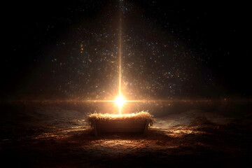 An empty manger bathed in golden starlight beneath a radiant Bethlehem star, symbol of divine birth and hope