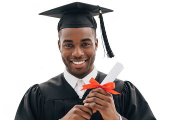 Smiling young african american man wearing graduation cap and gown holding diploma with red ribbon isolated on transparent background
