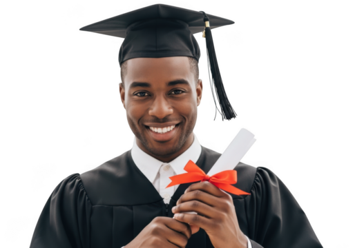 Smiling young african american man wearing graduation cap and gown holding diploma with red ribbon isolated on transparent background