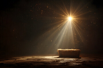 An empty manger bathed in golden starlight beneath a radiant Bethlehem star, symbol of divine birth and hope