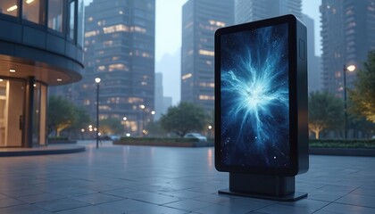 Modern digital signage totem with blue abstract graphic on screen stands in urban street. Tall skyscrapers, corporate buildings rise in background at night. Empty tech advertising display board for