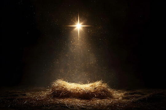An empty manger bathed in golden starlight beneath a radiant Bethlehem star, symbol of divine birth and hope