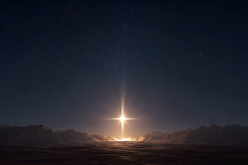A single bright star above a desert landscape at night, light rays forming the shape of a manger below