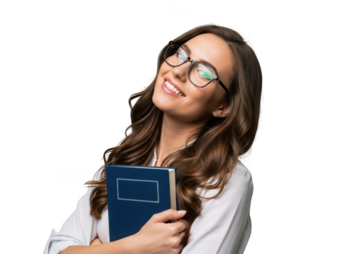 Young woman wearing glasses smiling and looking upwards holding a blue book isolated on transparent background