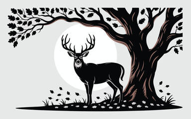 Obraz premium A majestic stag stands beneath a large oak tree with a full moon in the background.