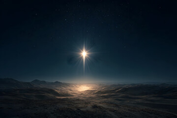A single bright star above a desert landscape at night, light rays forming the shape of a manger below