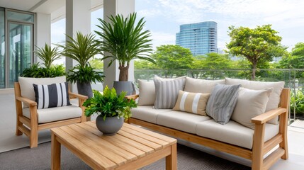 Modern patio furniture on urban balcony with city view