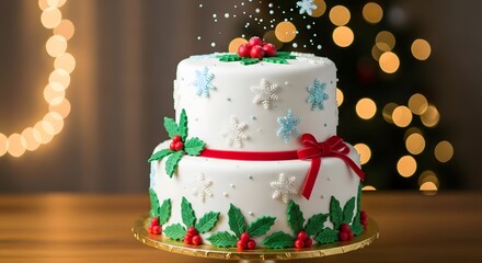 Festive two tiered christmas cake decorated with holly and snowflakes