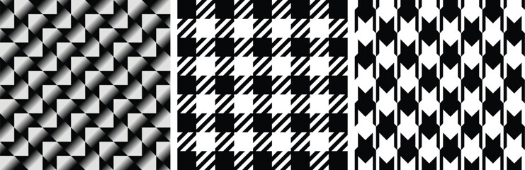 Black and White Pattern Texture Set Gradient, Squares and hexagon