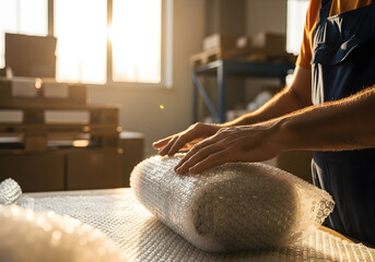 Closeup of a worker using bubble wrap to protect an item for shipping in a warehouse, ensuring safe delivery and preventing damage during transportation
