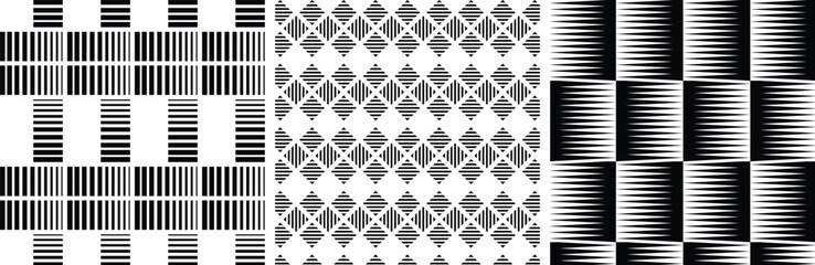 Seamless set geometric pattern black and white halftone lines, square lines and halftone spike