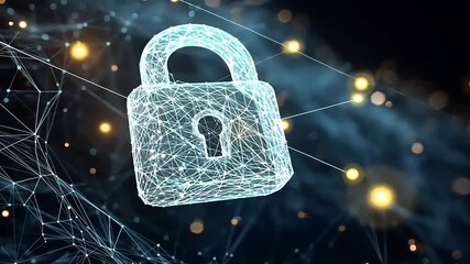 Digital lock symbolizing cybersecurity amidst a network of glowing connections in a tech landscape - Powered by Adobe
