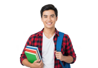 Young asian male student with backpack and books smiling confidently isolated on transparent background